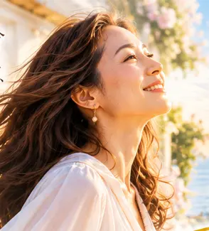 空を見上げてほほえむ女性