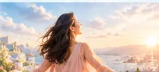 海辺で朝日を浴びる女性